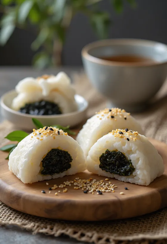 Onigiri z nadevom Nori tsukudani iz alg kuhanih v omaki sveže postrežen