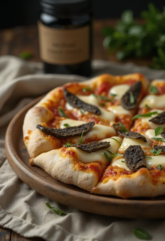 Pizza s tartufi, postrežena z mocarelo in parmezanom