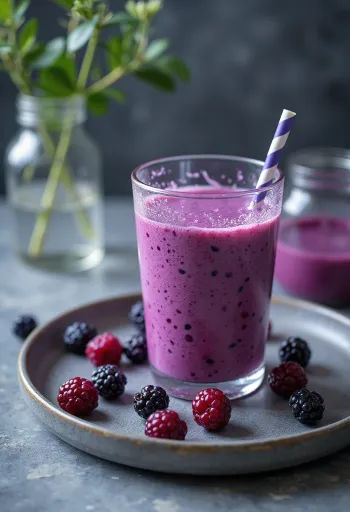Probiotični kefir z borovnicami v kozarcu, bledo vijoličnega odtenka, sadni napitek