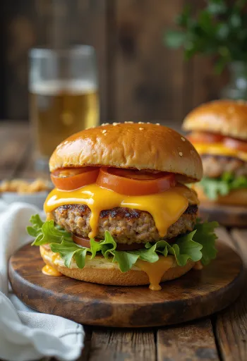 Puranji hamburger s pečeno puranjo polpeto in topljenim sirom