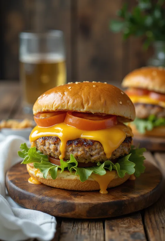 Puranji hamburger s pečeno puranjo polpeto in topljenim sirom