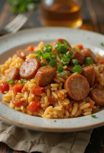 Jambalaya s prekajeno klobaso, postrežena v skledi, okrašena s peteršiljem