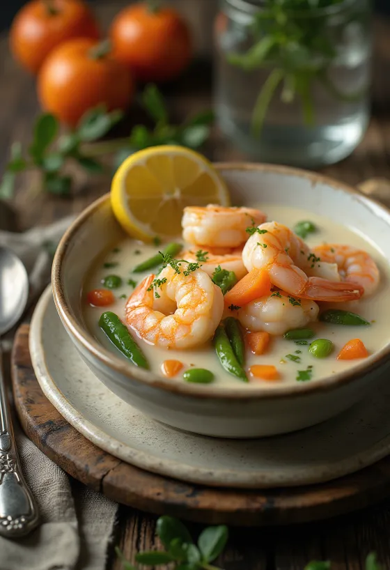 Chowder s kozicami, bogata smetanova juha z morskimi sadeži