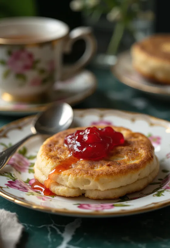 Crumpet z marmelado, zlato rjavo, mehko pecivo