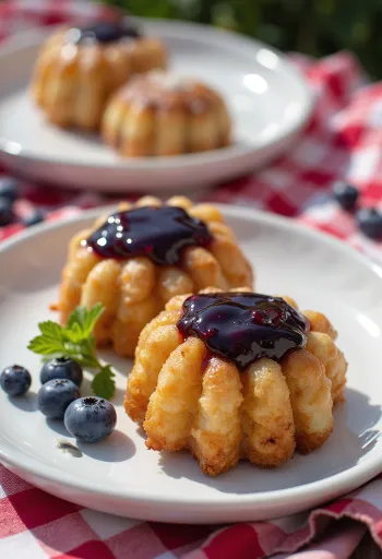 Loukoumades z borovničevo marmelado, hrustljavi krofi preliti s temno vijolično marmelado, posuti s sladkorjem v prahu
