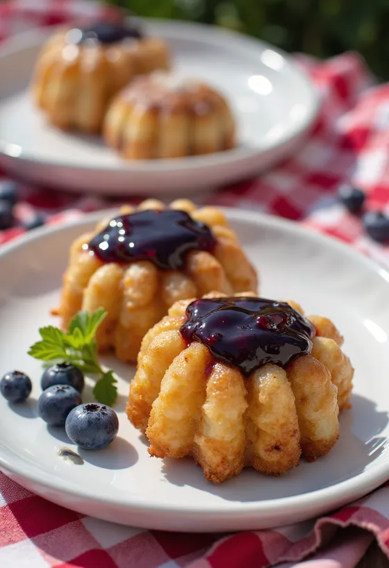 Loukoumades z borovničevo marmelado, hrustljavi krofi preliti s temno vijolično marmelado, posuti s sladkorjem v prahu
