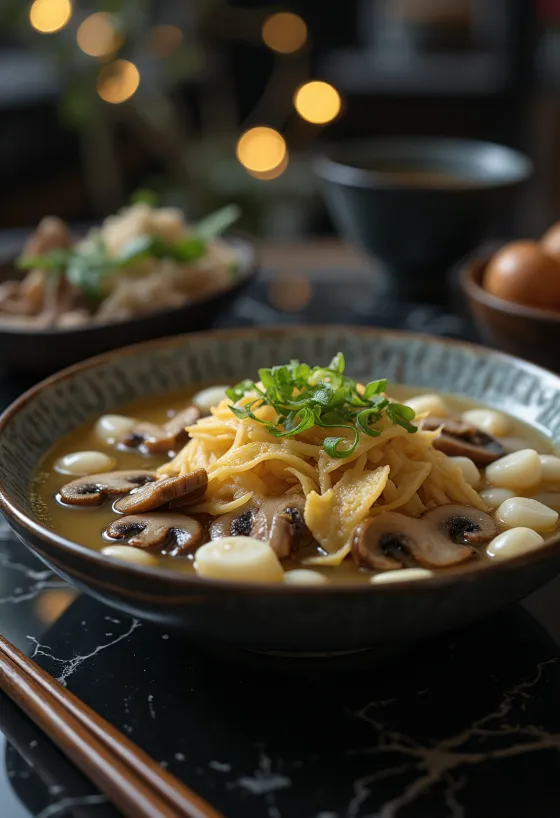 Sujebi s praženimi gobami, okrašen s svežim koriandrom