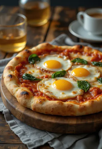 Pizza alla Bismark, postrežena s svežim jajcem in špinačo