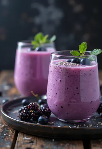 Kefir s črnim ribezom postrežen v kozarcih, s svežimi jagodami ribeza