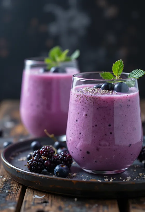 Kefir s črnim ribezom postrežen v kozarcih, s svežimi jagodami ribeza
