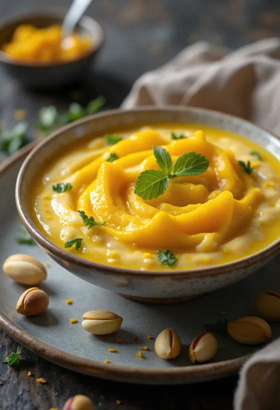 Shrikhand z mangom, okrašen s svežimi koščki manga in mandlji
