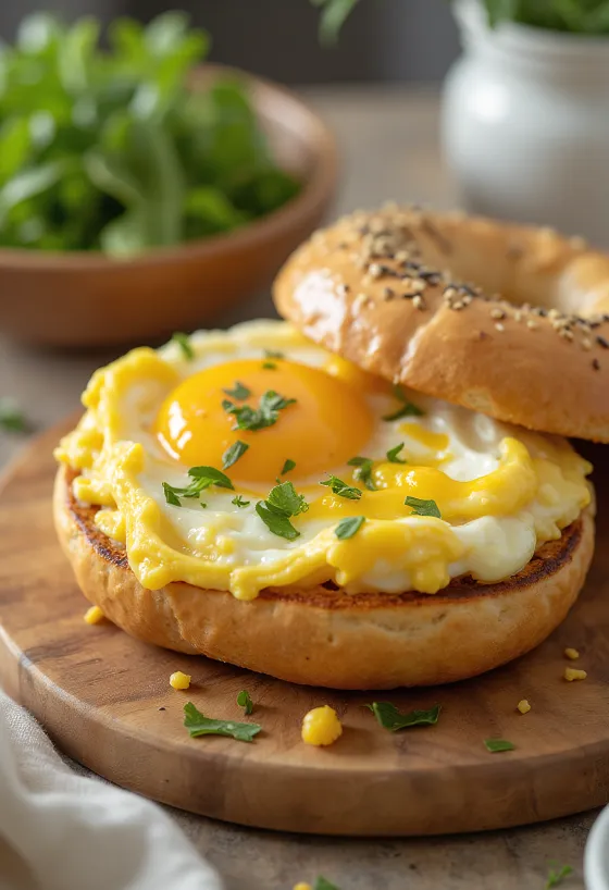 Postrežen bagel z jajci in gorčico