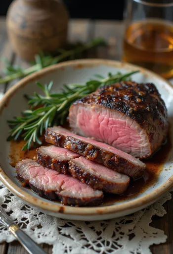 Prekajen jelenov steak, dimljen zrezek s pečeno zelenjavo in rožmarinom