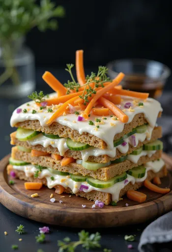 Veganska Smörgåstårta, s pire krompirjem, vegansko skuto in zelenjavo