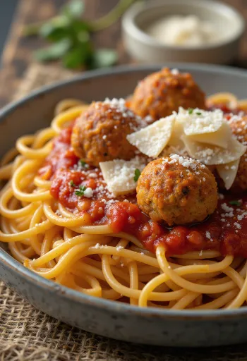 Špageti z mesnimi kroglicami in paradižnikovo omako, postreženi