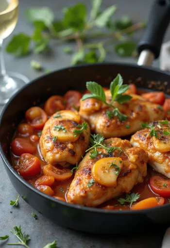 Cacciatore piščanec s česnom, postrežen s paradižnikovo omako in olivami