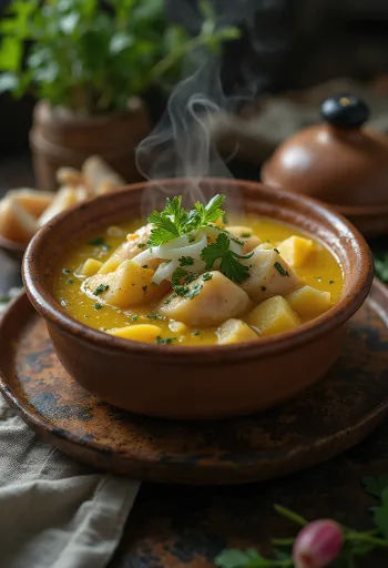 Caldeirada paraense ribja, krompirjeva in jajčna juha, postrežena s svežim koriandrom