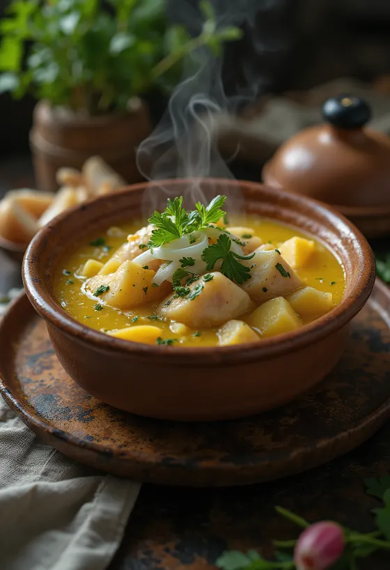 Caldeirada paraense ribja, krompirjeva in jajčna juha, postrežena s svežim koriandrom