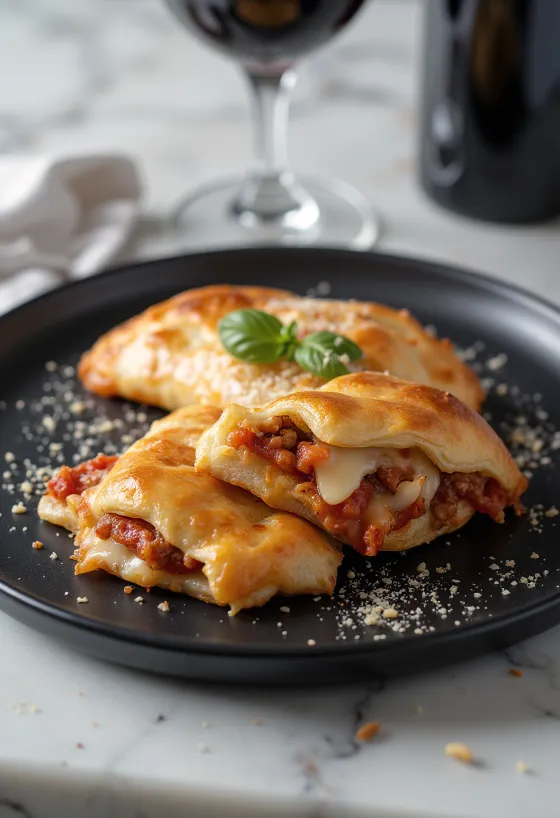 Zlato rjavo pečen Calzone polnjen z mesnim ragujem