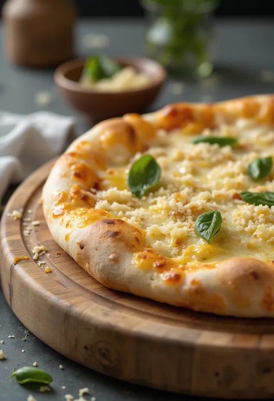 Bela pizza, postrežena z rikoto, mocarelo in svežimi začimbami