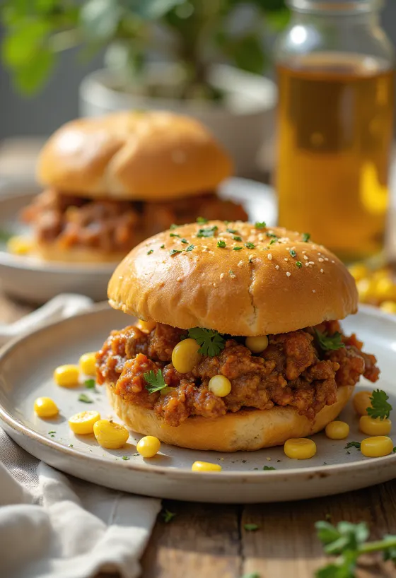 Sloppy Joe s koruzo, z nadevom iz mletega mesa, postrežen v hrustljavi bombeti