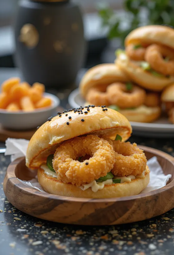 Bao bun z ocvrtimi lignji postrežen
