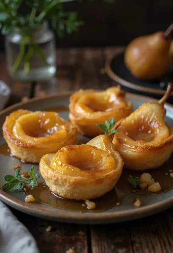Tarte Tatin s hruškami, karamelni biskvit s hruškovimi rezinami