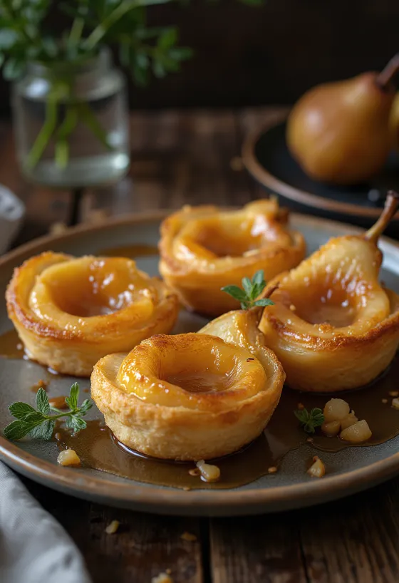 Tarte Tatin s hruškami, karamelni biskvit s hruškovimi rezinami