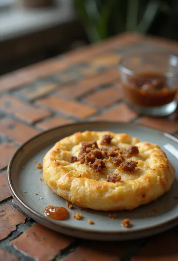 Sveže pečen bannock iz brezglutenske moke, postrežen na rustikalnem krožniku