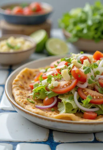 Lahmacun s solato, postrežen s svežim testom in začinjenim mesnim nadevom