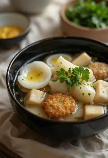 Skleda japonske juhe Oden z ganmodokijem, kuhano redkvijo in tofujem