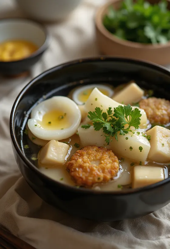 Skleda japonske juhe Oden z ganmodokijem, kuhano redkvijo in tofujem