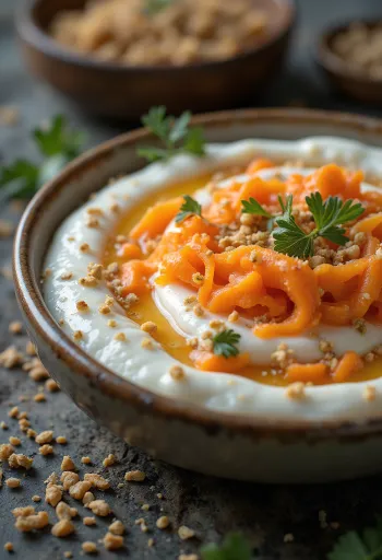 Sveža korenčkova raita postrežena, okrašena z jogurtom in meto.