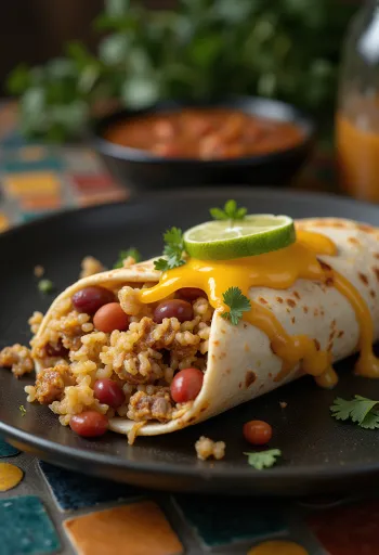 Svinjski burrito v tortilji, polnjen z rižem, fižolom in sirom