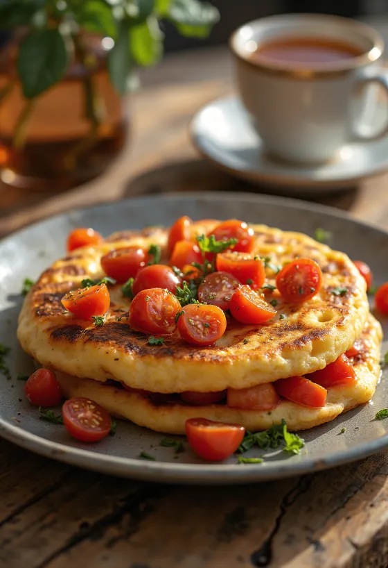 Crumpet s paradižnikom, sveže pečen, z zlato rjavo zunanjostjo