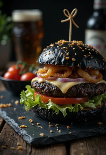 Črn burger z belim sirom in svežo zelenjavo