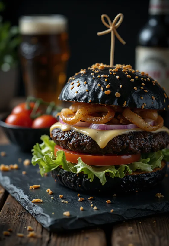 Črn burger z belim sirom in svežo zelenjavo