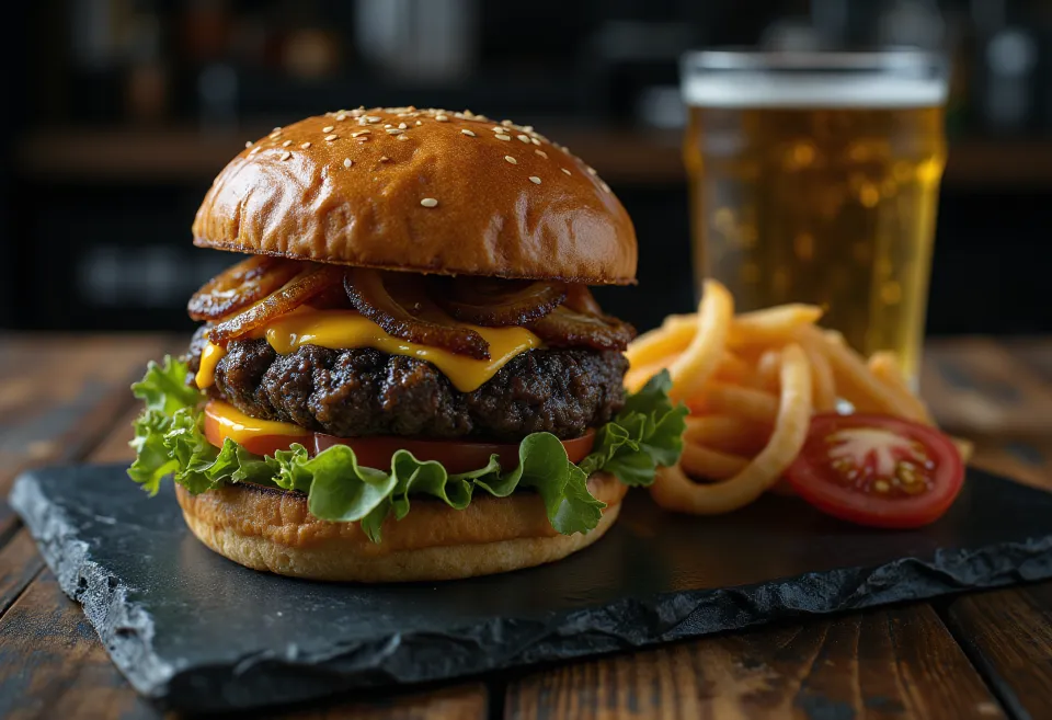 Črn burger z belim sirom in svežo zelenjavo