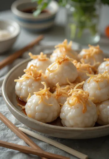 Mesni Tangyuan, postrežen s praženo čebulo