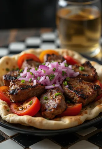 Kuzu Şiş jagnječje nabodalo z grilano zelenjavo in ploščatim kruhom postrežen