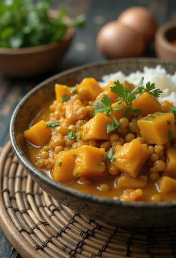 Lečin curry s sladkim krompirjem postrežen