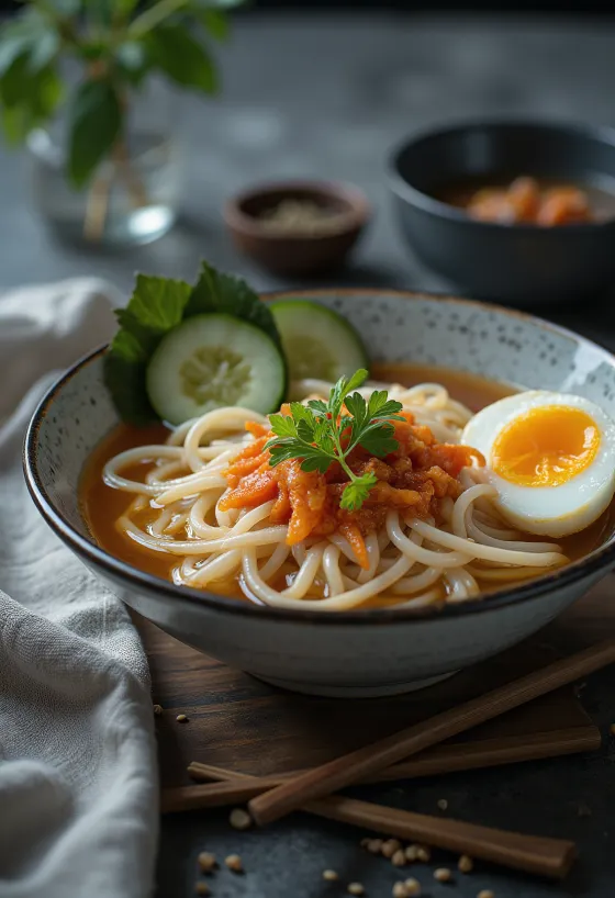 Morioka Reimen, japonski hladni rezanci s pasto rdeče paprike in svežo zelenjavo