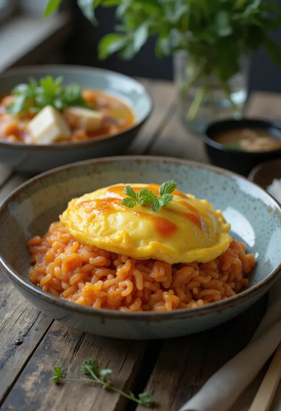 Omurice skleda z miso juho, postrežena z omleto in miso juho