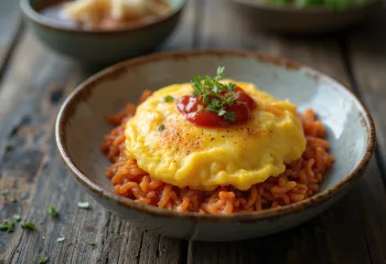 Omurice skleda z miso juho, postrežena z omleto in miso juho