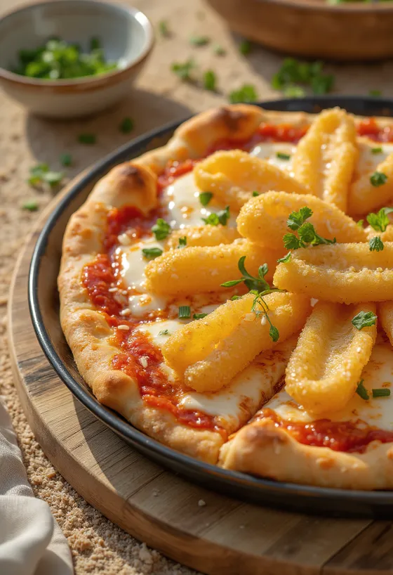 Japonska pizza s tempura zelenjavo, postrežena