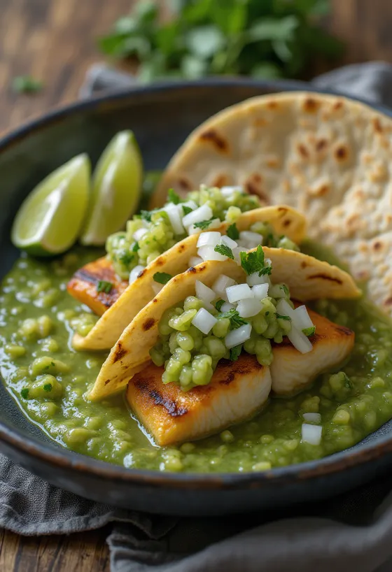 Ribji takosi s salso verde na krožniku