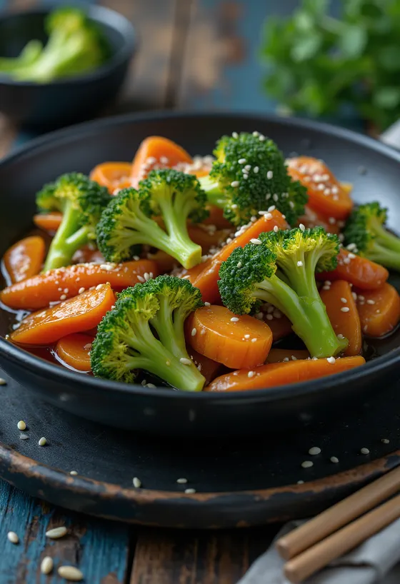 Brokoli stir fry, postrežen s sezamovo sojino omako in hrustljavo zelenjavo.