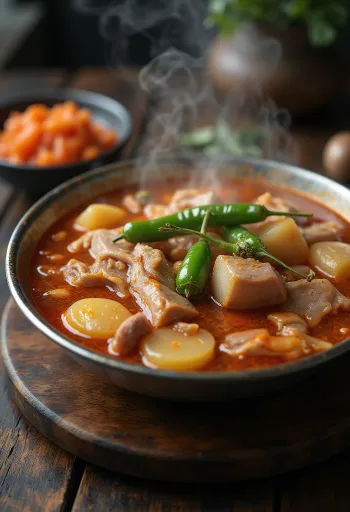 Tradicionalni gamjatang, postrežen s svinjino, krompirjem in zelenim čilijem