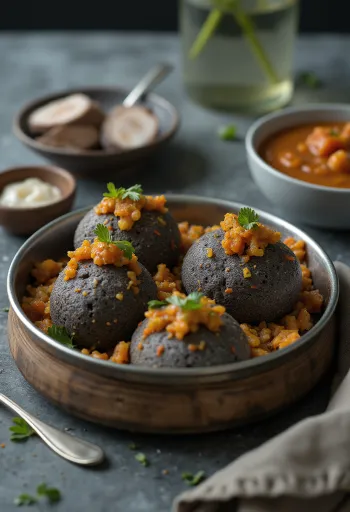Idli z ragijem, postrežen s svežim koriandrom in listi curryja