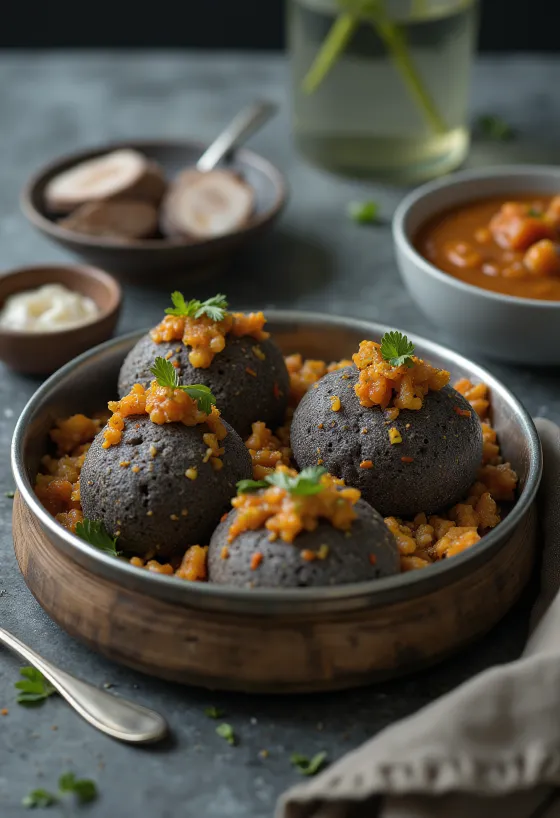 Idli z ragijem, postrežen s svežim koriandrom in listi curryja